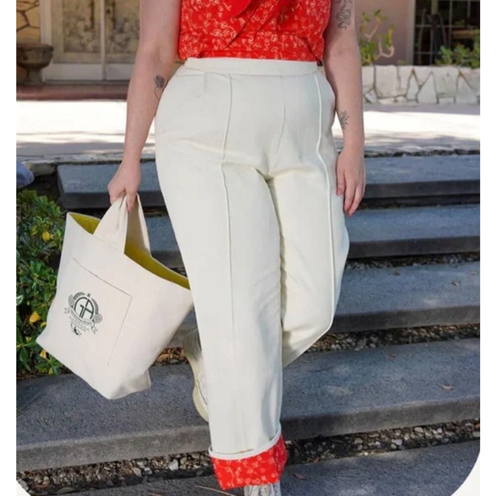 Good Alma Cotton Twill Trouser Lace-Up Floral Cuff Straight Wide Leg Pants Cream